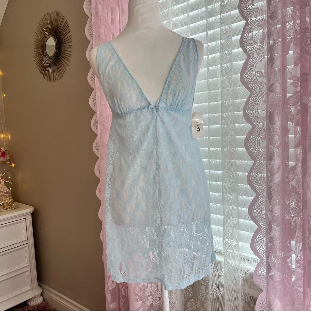 Sheer Lace V-Neck Slip Dress - Light Blue